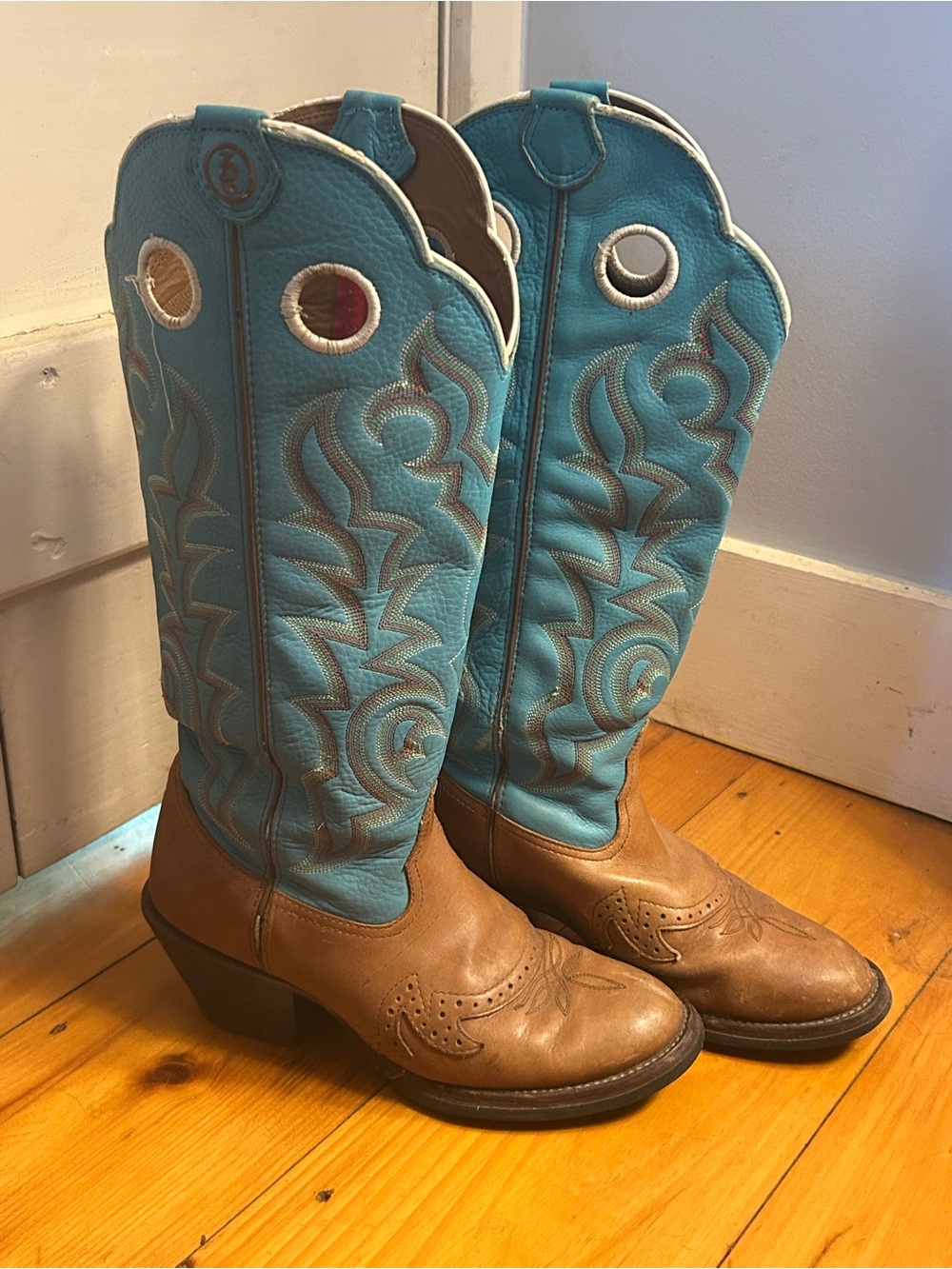 Tony Lama 3R Women's Tall Buckaroo Cowgirl Boots in Turquoise and Brown